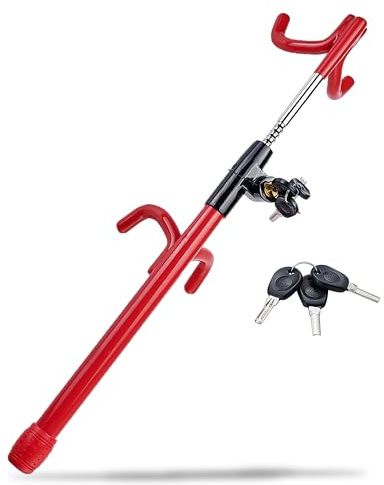 Dodomes Steering Wheel Lock Anti-Theft Heavy Duty Secure Car Device, Adjustable Length Clamp Double Hook Locks Universal Fit Red