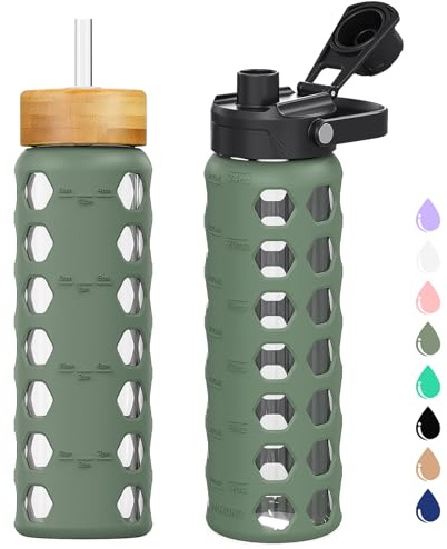MUKOKO Glass Water Bottles, 24oz Glass Tumbler with Straw, Drinking Bottles with 2 Lids-Handle Spout Lid&Bamboo Straw Lid, Motivational Water Bottle with Time Marker and Silicone Sleeve, 1 Pack-Olive