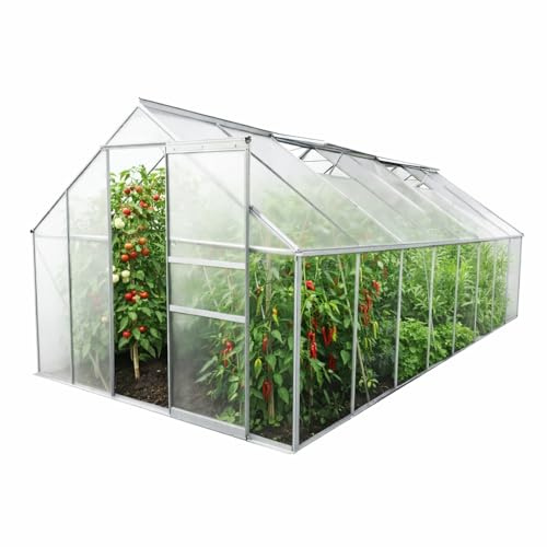 TERRE JARDIN Invernadero de Aluminio y policarbonato 12,25 m² translúcido | Amplio invernadero de aluminio y policarbonato 6 mm, 12,25 m², estructura inoxidable, puerta corredera, ventanas, anti-UV