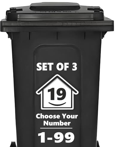 3 x Bin Numbers for Wheelie Bins, 1-99, 15cm ‘Happy House’ Design Dustbin Stickers, Easy Application Stick On Number Stickers - Weatherproof Self Adhesive Vinyl, Black (19)