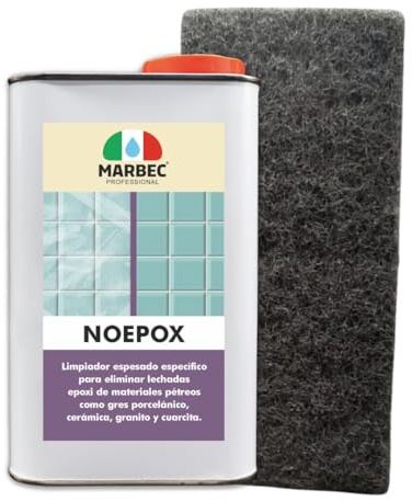 MARBEC NOEPOX 1LT + TAMPÓN NEGRO Limpiador espeso específico para eliminar residuos y manchas de lechadas epoxi en gres, cerámicas, granitos y cuarcitas.