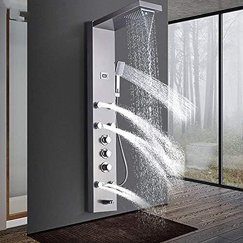 Regenduschsäule, Thermostatmischer, Duscharmatur, Wasserfall, 6 Massagedüsen, Turm Mit Handbrause, Wannenauslauf, Schwarzes Duschpaneel