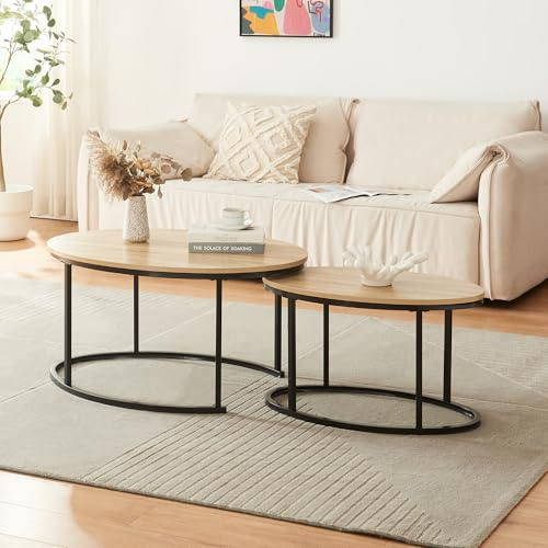 [en.casa] Sattbord, Nederländerna, uppsättning om 2, soffbord, sidobord, 2 storlekar, stapelbart, soffbord, ovalt vardagsrumsbord, tebord med metallram, kaffebord, svart/ek