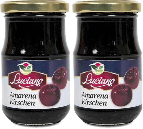 Luciano Amarena Kirschen 140g, entkernte Sauerkirschen im Glas, Maraschino Kirschen, Perfekt für Cocktails und Desserts (Packung mit 2)
