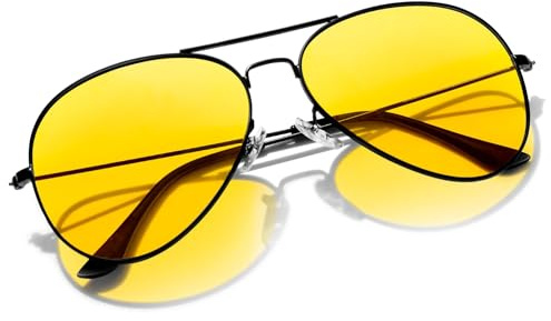 KANASTAL Black Night Driving Glasses Mens Yellow Tinted Glasses Headlight Anti Glare Night Driving Large Womens Metal UV400 Fishing - Black Frame Yellow Lens