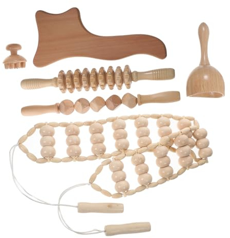 6 Stück Holzmassagegerät für Rückenmassage und Entspannung | Massagerolle, Massagebecher, Würfelrolle, Stab, Manuelles, Khakifarben, für Büroarbeit