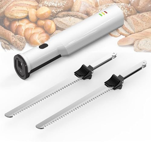 Cuchillo eléctrico para trinchar, cuchillo eléctrico inalámbrico para pan con 2 hojas de acero inoxidable, botón de bloqueo de seguridad, cuchillo cortador de carne recargable con luz indicadora