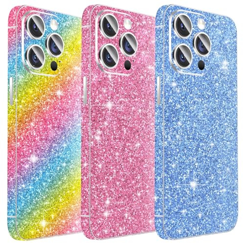 Kucheed 3 Pièces Protecteur de Peau Scintillant Compatible pour iPhone 12 Pro Max, Autocollant de Couverture Complète à Grain Pailleté, Protection Arrière Précise/Décorations de Téléphone Bling
