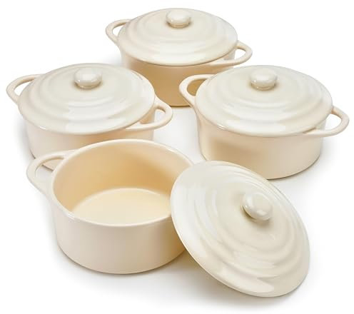 Kook Ceramic Mini Cocotte Set, Small Casserole Dishes with Lids and Handles, Individual Baking Ramekins, Oven, Microwave & Dishwasher Safe, Stoneware, 12 oz, Set of 4, (Ivory)