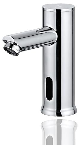 HOMSSY Rubinetto elettronico basso con sensore a infrarossi, senza contatto, 2 acque con premiscelatore regolabile (calda/fredda), ottone cromato – per lavabo bagno