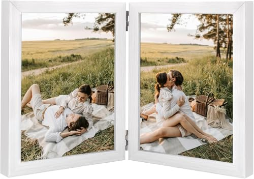 Ichigo Ichie Marco de Fotos Doble Plegables, Portafotos Plegable para Mesa, Marco de Fotos de Madera Decorativo Multiples para 2 Fotos de 13x18cm, Blanco