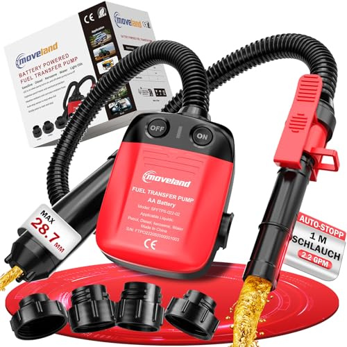 moveland Pompa benzina elettrica – Efficiente e sicura per taniche, con sensore antioverflusso, 4 adattatori e tubo 2,2 GPM, adatta per trattori, generatori, tagliaerba e attrezzature agricole