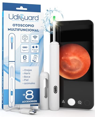Otoscopio Limpiador de Oídos con Cámara 3,6mm 1920p WiFi Endoscopio de Oídos - UdiGuard Limpieza de Oídos con 6 Luces LED Adultos Niños Digital Impermeable - Compatible con iPhone iPad Android Blanco