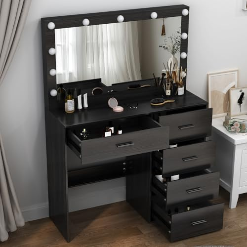 LIANWANG Schminktisch mit Spiegel und 10 LED-Lichtern, Schminktisch mit 5 Schubladen, Helligkeit verstellbar, Schwarz, L88250708, 130 x 36 x 80 cm