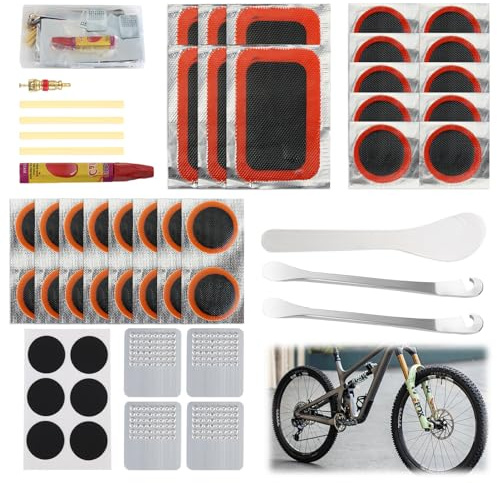 Flickzeug Reifen Fahrrad, Reparaturset Fahrrad Flickzeug Set mit selbstklebenden Patches & Werkzeug, Reifenflickzeug Set für Unterwegs, Flickset Fahrradreifen Set für MTB, Rennrad, E-Bike & Touring