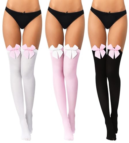 Boao 3 Pairs Halloween Thigh High Stocking for Women Bow Socks 3 Color L | Over The Knee Thigh Highs, Stockings with Satin Bow, Pink Black Red Long Socks, for Cosplay Party, Daily Wear