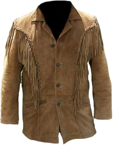 PLATOON Chaqueta vaquera de piel de ante con flecos occidentales para hombre, marrón, S