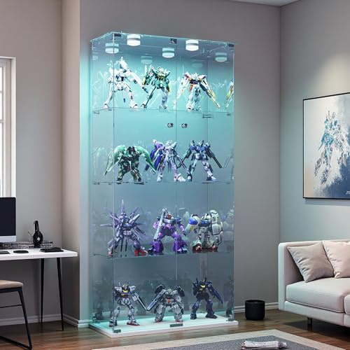 PerGar Glasvitrine Standvitrine mit LED, Sammlervitrine mit 2 Türen 4 Regalen, Transparente Vitrine, Pat Light, Glasvitrine Stehend mit Schloss, Für Wohnzimmer, Schlafzimmer, Büro (Weiß)