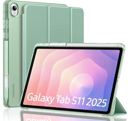 MoKo Fodral för Samsung Galaxy Tab S11 fodral 11 tum 2025 SM-X730/SM-X736B med S-pennhållare, tunt och lätt trefaldigt skyddande med hård PC genomskinlig baksida, bil vakna/sömn, agave grön