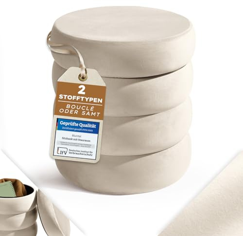 Blumtal Hocker mit Stauraum rund, Samt-Bezug - robuster Sitzhocker mit Stauraum & Samtoptik extra weich 42 x 42 x 47 cm - Fußhocker gepolstert - wunderschöner Samt-Look - Schminktisch Stuhl Creme