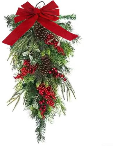 Yhenlovtt Corona de Navidad en forma de gota para decoración navideña | Adorno festivo de plástico con bayas rojas | Tamaños de 45 cm/75 cm para puerta, árbol, chimenea, escaleras (45 cm)
