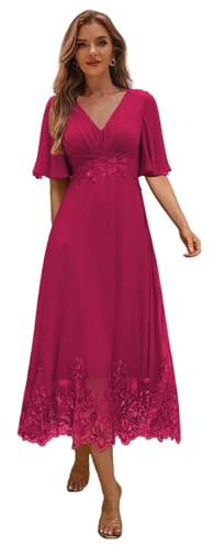 Beyonddress Longitud del té Vestidos de noche Elegante madre de la novia Vestidos para las mujeres de encaje con cuentas vestidos de fiesta, fucsia, 50