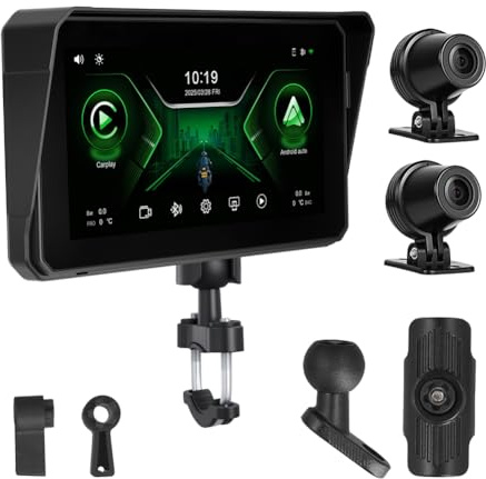 HWIREUIGT Digital Motorcycle Dashboard Carplay Android Auto Portable DVR Smart Player 6 Inch IPX8 Waterproof with 2 Cameras