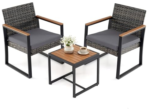 COSTWAY Balkongmöbelset, polyrattan trädgårdsmöbelset med 2 stolar, bord och kuddar, balkongmöbler för liten balkong, balkongset 2 personer, 3 delad sittgrupp utomhus för terrass och trädgård (grå)