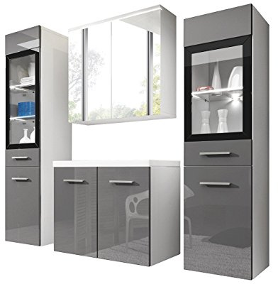 Udine II - Set di mobili da bagno con lavabo e sifone, bagno moderno, completo, con specchio, mobiletto per lavabo, armadietto alto, con illuminazione LED bianca, colore bianco e grigio lucido