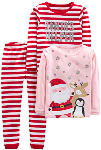 Simple Joys by Carter's Pyjama de Noël 3 Pièces en Coton, Coupe Ajustée Bébé Fille, Lot de 3, Rose Père Noël/Rouge Rayures, 6-9 mois