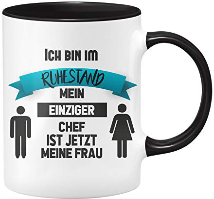 Tassenbrennerei Tasse Ich Bin im Ruhestand Mein einziger Chef ist jetzt Meine Frau - Geschenk zum Ruhestand zur Rente - Geschenkideen zum Ruhestand - Abschiedsgeschenk zur Pensionierung (Schwarz)