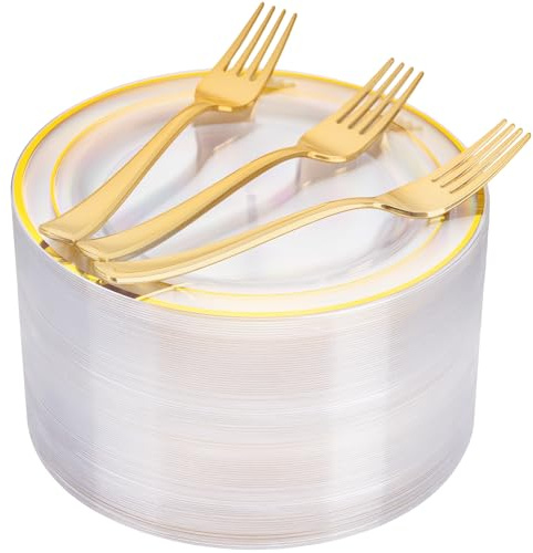 I00000 72 Pcs Clear Plastic Dessert Plates 7.5 & 72 Pcs Gold Disposable Forks 7.4, Clear Small Plates,Nice Dessert Plates,Fancy Salad Plate,Gold Cake Plate for Party, Occasions, Wedding