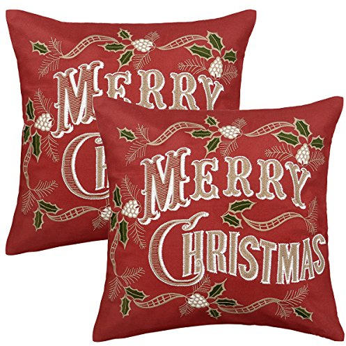 Grelucgo Set Of 2 Embroidered Christmas Holiday Throw Pillow Case Cover, Decorative Sofa Cushion Covers, Square 18 x18 Inch