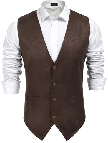COOFANDY Men's Suede Leather Suit Vest Casual Western Vest Jacket Cowboy Waistcoat (Small, 01_Coffe)