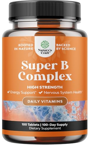 Super Vitamin B Complex for Women & Men - B Vitamins Complex with Thiamin, Riboflavin, Niacin, 6, 12 and Folate - Blend Supplement for Nervous System Support Energy & High Strength - 100 Tablets
