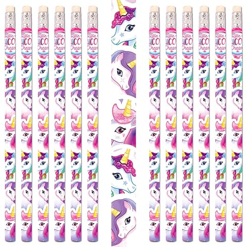 PartyPack 12x Einhorn Bleistifte mit Radierer, perfektes Mitgebsel, Ideal zum Schulanfang, Kinder Partygeschenke, Kindergeburtstag Gastgeschenke, Einhorn Party.