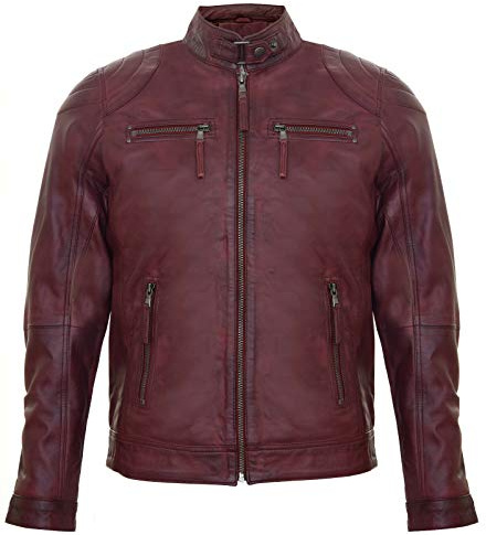 Infinity Leather Chaqueta Color Borgoña para Hombre 100% Cuero Genuino con Cremallera Estilo Motociclista S