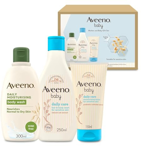 Aveeno Baby Mother and Baby Giftset – Gift for New Mums with Nourishing Body Wash (300ml), Babycare Hair & Body Wash (250ml) and Lotion (150ml), Soothing Products Suitable for Use on Sensitive Skin