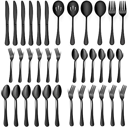 LIANYU 36-Piece Black Silverware Set with Serving Utensils, Stainless Steel Black Silverware Flatware Set for 6, Cutlery Tableware Includes Forks Spoons Knives, Mirror Polished, Dishwasher Safe