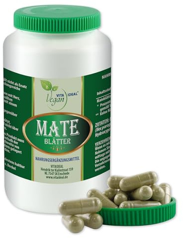 VITA IDEAL Vegan® MATE - Blätter - 90 KAPSELN - Ilex paraguariensis - Tagesportion 840mg MATEBLÄTTER reines Pulver. Pflanzlich, natürlich und ohne Zusatzstoffe