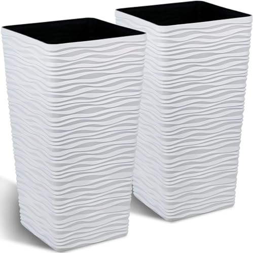 Worth Macetas cuadradas Altas de jardín de 22 Pulgadas para Plantas al Aire Libre, árbol de Interior, Juego de 2 macetas Grandes Blancas para Porche Delantero, Moderno Acabado Ondulado Mate,