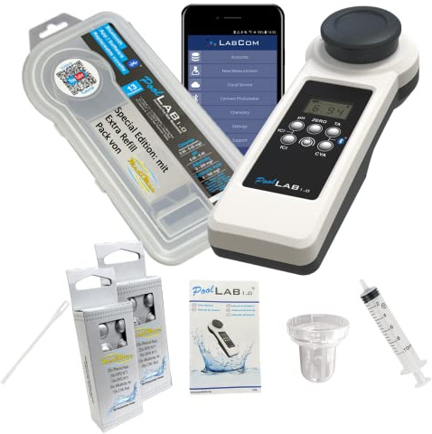 MediMuc Special Edition: 13 in 1 PoolLAB® Version 1.0 elektronischer Wassertester mit 70 Testtabletten und EXTRA Refill Pack