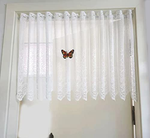 Yaland Scheibengardine Jacquard Spitze Landhaus Weiß HxB 120x110cm 1 Stück | Bistrogardine mit Lochleiste Spitzenvorhang mit Blumenmuster Kurzgardine Wellensaum Fensterdeko ideal für Küche & Tür