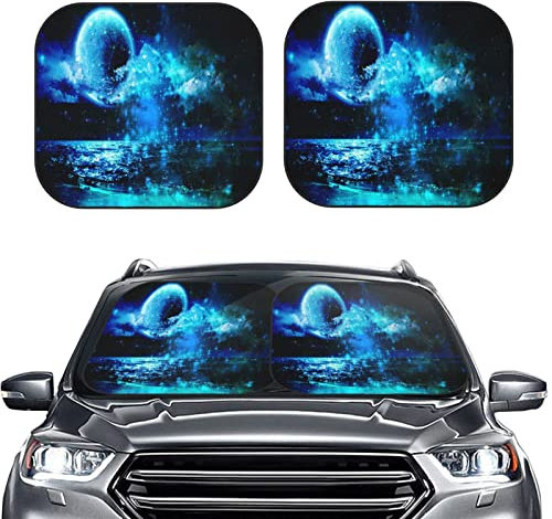 Auto Zubehör Sonnenschutz 2-teilig 74x60cm mit Aufbewahrungstasche Sonnenschutz Auto Frontscheibe Schwarze Faltbar Motiv Nachthimmel Meer Mond Auto Scheibenabdeckung Sommer Auto Sonnenschutz