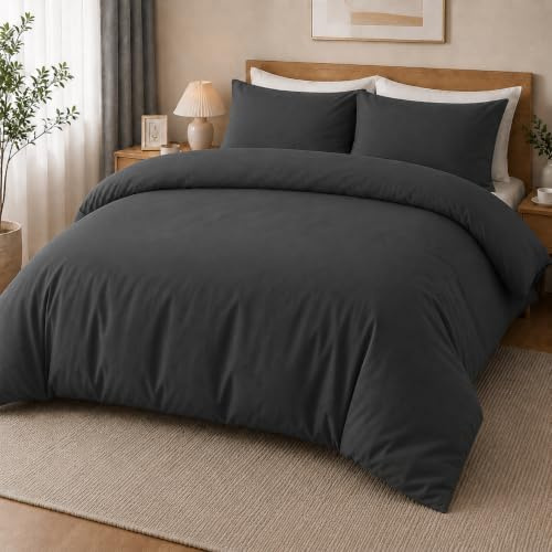 MOONLIGHT20015 Double Duvet Set Brushed Microfibre Charcoal Bedding Sets | Premium Quilt Cover with 2 Pillow Cases, Breathable Solid Soft Bed Set, Machine Washable - Homes and Hotels Comfort