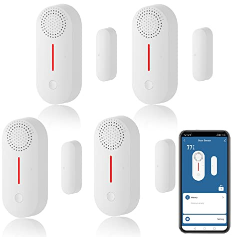 WiFi Smart Türsensor, drahtloser Türfenster Sensor Alarm, Mini Kontaktsensor für die Sicherheit zu Hause, Push Benachrichtigung, Lautstärke einstellbar, Timer, kompatibel Alexa/Google Assistant.4 Pack