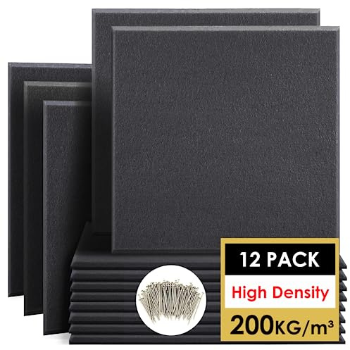 FONESO Akustikpaneele mit hoher Dichte, schallabsorbierende Paneele für Wände, Wanddekoration, feuerfeste, schalldichte Paneele für Studioaufnahmen, 30,5 x 30,5 x 1 cm, 12 Stück, schwarze Nägel im