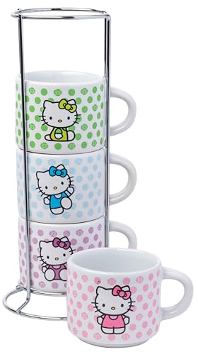 Silver Buffalo Sanrio Hello Kitty Polka Dots 4-teiliges stapelbares Keramik-Espressotassen-Set, 85 ml