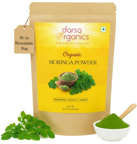 Darsa Organics Moringa Powder 1lb – USDA Organic, Pure Moringa Leaf Powder for Tea & Smoothies – Vegan, Non-GMO, Gluten-Free, and Finely Milled – Resealable Pouch