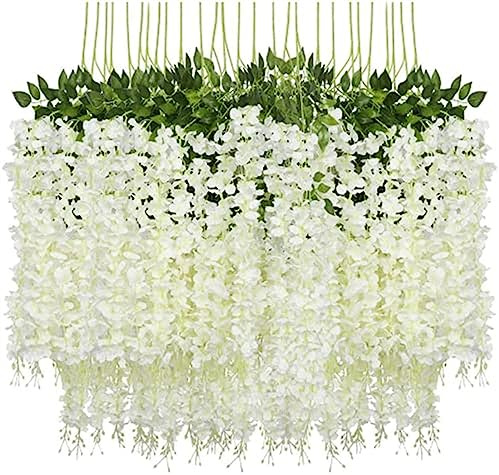 Denxahao Kunstblumen künstliche Glyzinien Blumen, Girlande Pflanze gefälschte hängende Blumen Rebe Künstliche Wisteria Girlande für Hochzeit, Geländer, Zuhause, Büro, Party, 110CM (24PCS/Weiß)
